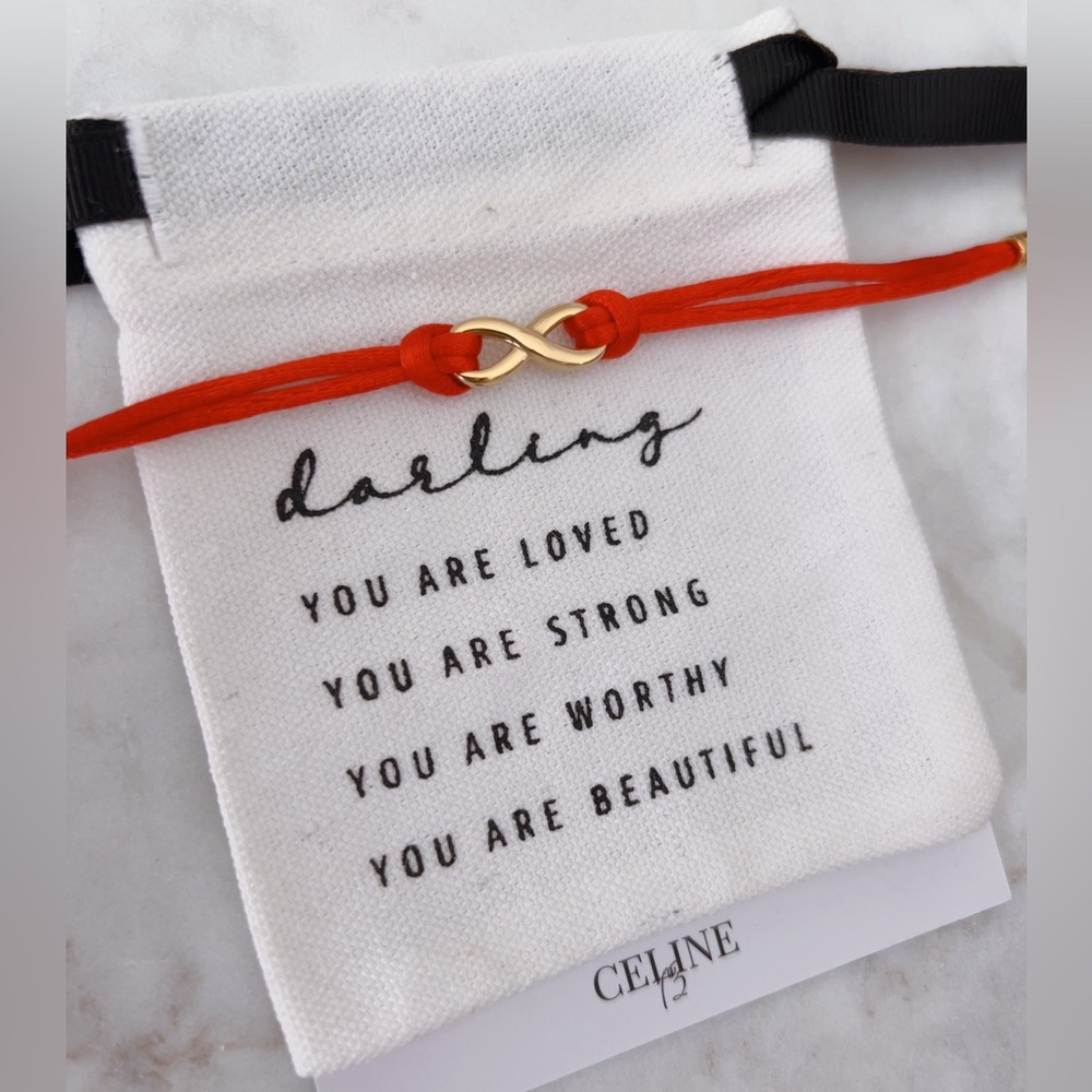 CELINE13‎ Infinity Charm Bracelet – Red Cord & Polished Titanium Steel